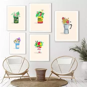 Coffee Moka Pot Flowers Posters Canvas Print Latino Pop Wall Art Painting Pictures For Kitchen Dining Room Restaurant Decoration 21x30cm No Framed белый