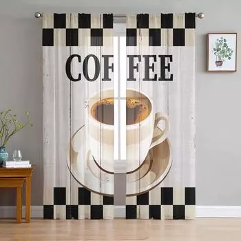 Coffee Retro Wood Grain Plaid Sheer Curtains for Living Room Decoration Window Curtains for Kitchen Tulle Voile Organza Curtains W135 x H115cm x1