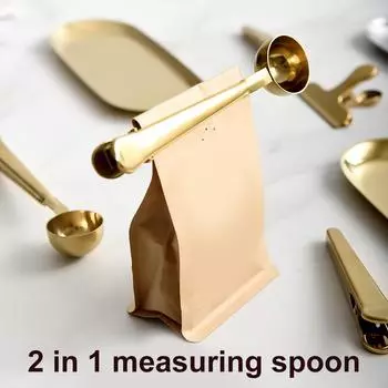 Coffee Scoop Clip 2 in 1 Long Handle Stainless Steel Spoon Food Bag Sealer Tea Scooper золотистый