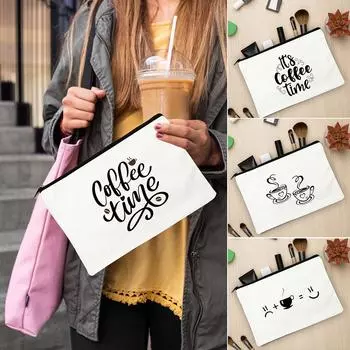 Coffee Time Cosmetic Storage Bag Teacher School Toiletries Makeup Pouch Women White Canvas Shopping Lipstick Make Up Zipper Bags