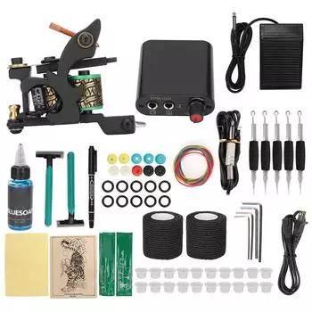 Coil Tattoo Machine Set Foot Pedal Power Supply Blue Soap Tattoo Practice Kit for Novice EU Plug