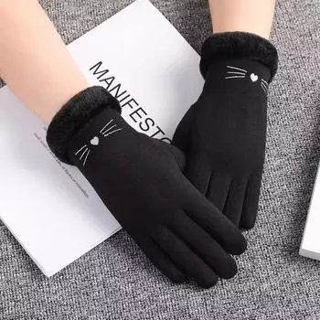 Cold Protection Full Finger Gloves Plush Winter Mittens Simple Cat Women Gloves Ski