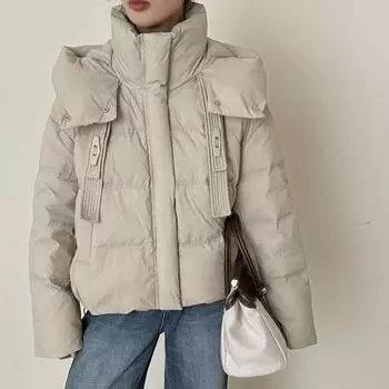 Cold-resistant fashion hooded down jacket women s short 2024 new casual thickened white duck down double buckle streamer bread jacket One Size