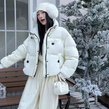 Cold-resistant stand-up collar short down jacket women s 2024 new fashion tooling warm white duck down fashion bread jacket S