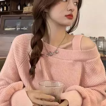 Однотонный свитер с открытыми плечами, шикарный свитер с длинными рукавами для осени и зимы, женская одежда One Size белый