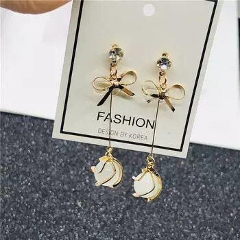 Cold Wind Opal Bow Stud Earrings, Earrings, Korean New Foreign Style Ear Chain, Long Pearl Earrings for Women золотой