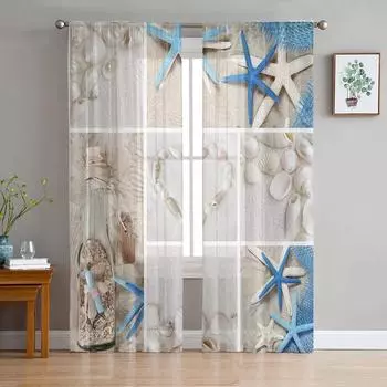 Collage Beach Shells Starfish Bottles Sheer Curtains for Living Room Modern Voile Curtain Bedroom Tulle Curtains Window Drapes W135 x H114cm