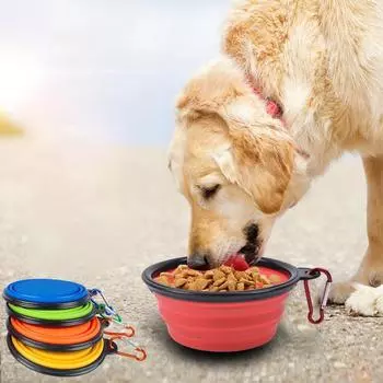 Collapsible Pet Dog Silicone Food Water Bowl Outdoor Camping Travel Portable Folding Supplies Dishes with Carabiner чёрный