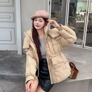 Collar deduction 2024 winter new drawstring down jacket women s warm hooded medium and long fashion trendy coat S size 90-60kg белый