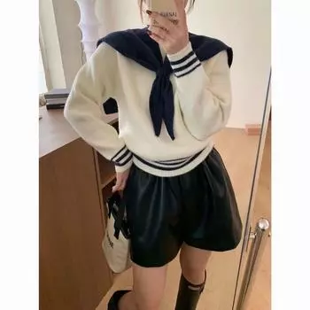 Нежный темно-синий свитер для колледжа, новый, уменьшающий возраст, свободный, осенне-зимний, с длинными рукавами, милый ленивый свитер в японском стиле One Size