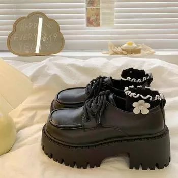 College style black small leather shoes women s winter new thick heel single shoes student skirt 35