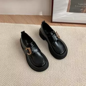 College style black small leather shoes women s 2024 new British versatile muffin platform loafer Mary Jane single shoes 35 чёрный