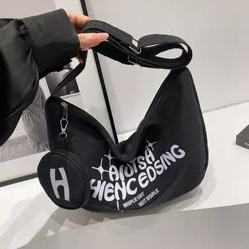 Холщовая сумка в студенческом стиле, повседневная сумка-полумесяц, с принтом букв, большой вместимости, мессенджер, пельмени белый