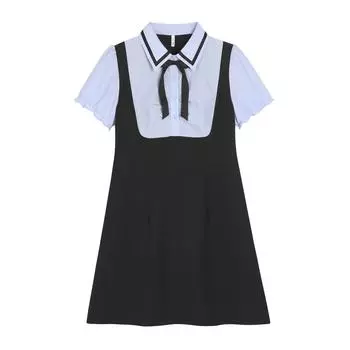 College Style Color Block Polo Dress - Pleated Faux Two-Piece, Plus Size Waist-Cinching Design 1XL (suggested 120-140 jin)