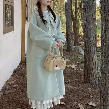 Шерстяное пальто в студенческом стиле с роговыми пуговицами, новое зимнее пальто высокого класса, длинное утолщенное шерстяное пальто S зелёный