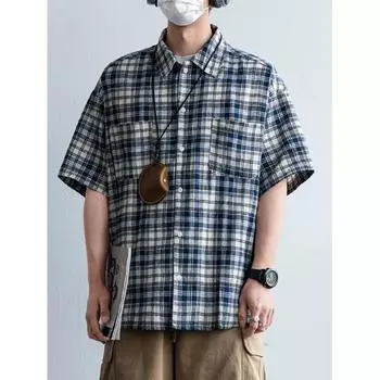 College Style Ins Shirt Jacket Autumn Korean Version Plus Size Chubby Sister Loose Slimming Plaid Long Sleeved Shirt M синий