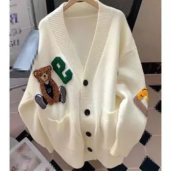 College style knitted cardigan women s spring and autumn wear loose lazy style V-neck embroidered bear sweater jacket tide S/80-95