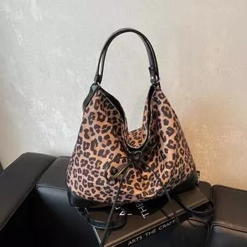 College Style Large Capacity Bow Female Winter Popular Leopard Print Double Shoulder Back Single Room Crossbody Tote Bag коричневый