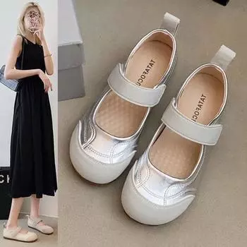 College style light mouth Velcro silver single shoes flat bottom with skirt ballet shoes student round head Mary Jane shoes 35
