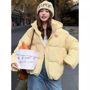 Желтая хлопковая утепленная одежда в студенческом стиле для женщин, зима 2024, новая свободная утолщенная хлопковая утепленная одежда, свободная куртка с капюшоном и хлопковой утепленной курткой S