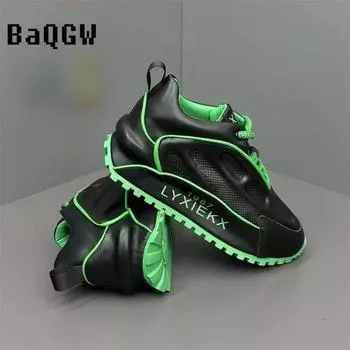 Color Block Luxury Chunky Sneakers Men Cover Bottom Board Shoes Fashion Casual Genuine Leather Increased Internal Platform Shoes 38