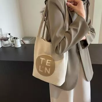 Цветовой блок Сумка через плечо Большая вместимость Женская сумка-тоут с надписью Студенческая сумка под мышкой для занятий чёрный