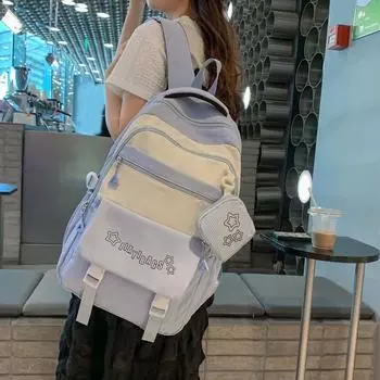 Цветной блок школьный рюкзак женский легкий большой емкости с кошельком для монет светло-зеленый