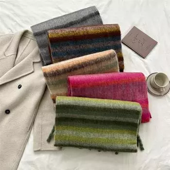 Color Blocked Striped Knitted Scarf For Women In Winter With A Sense Of Luxury Fashion Atmosphere Warmth Tassel Scarf 43*230cm