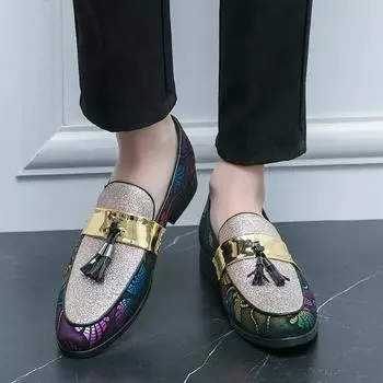 Color Blocking Daily Youth Men Loafers Round Toe Flat Heel Anti Slip British Tassel Formal Shoes 38 золотистый