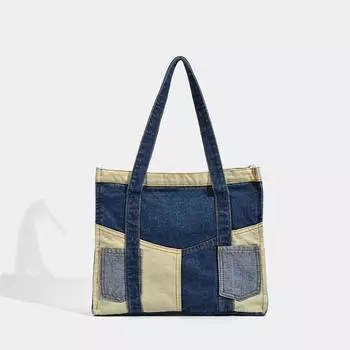 Color-blocking Patchwork Bag, Personalized Retro Street Crossbody Single-shoulder Bag, Commuter Large-capacity Tote Bag синий