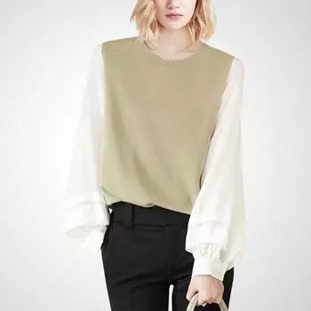 Color Contrast Patchwork Loose Chic Stylish Knitwear Bean paste green + White S