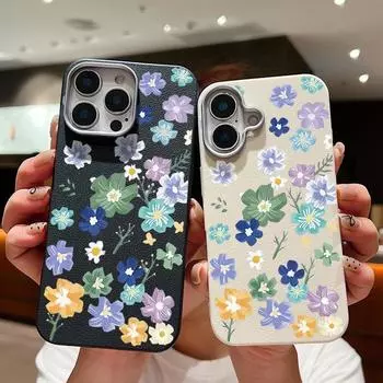 Color Flower Pattern Leather Texture Shell for iPhone 16 15 Pro 14 Plus 13 12 11 Pro Max Xs Max Xr 8 7 6 Plus Shockproof Slim Soft Tpu Cover iPhone 16 чёрный