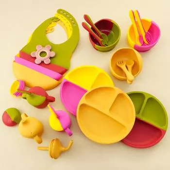 Color Kids 6PCS Silicone Baby Feeding Set Sucker Bowl Dinning Plate Straw Cup Spoon Fork Toddler Dishes Bib Children s Tableware