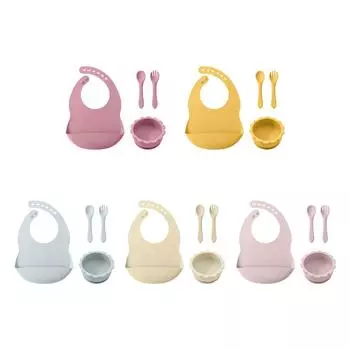 Color Kids Baby Silicone Feeding Set Waterproof Baby Bib Suction Cartoon Dishes Plate Sucker Bowl Training Fork Spoon Baby Stuff