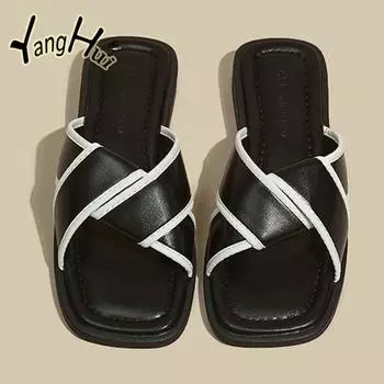 Color Matching Casual Flat Bottom Anti-slip Women s Slippers PU 2024 New Fashion Simple All-match Outdoor Modern Sandals Summer 35 белый