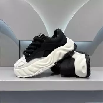 Color Matching Casual Sneakers Mens Soft Leather Splicing Heightened Platform Casual Shoes Fashion Versatile Platform Sneakers 39 чёрный