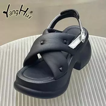 Color Matching Rivets Accessories Women s Sandals Comfortable 2024 Fashion Elevated Thick Bottom Anti-slip Silver Sandals Summer 35 чёрный