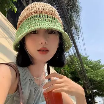 Color matching straw bucket hat women s summer versatile thin breathable face sunshade sunscreen hat M56-58cm