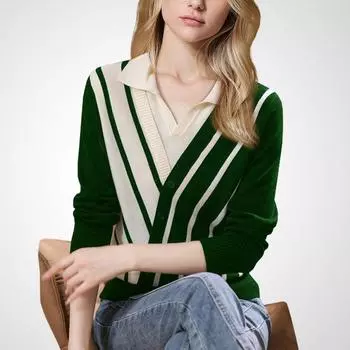 Color Matching Sweater Retro Sweater Top Fake Two-Piece Green M