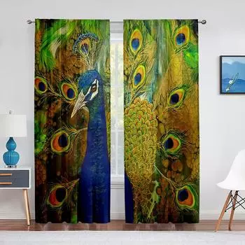 Color Oil Painting Peacock Curtains for Living Room Bedroom Kitchen Decor Modern Transparent Window Curtains 2pcs Rod Pocket Milled cotton fabric&Grommet Top