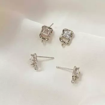Color Retention Inlaid Ladder Square Zirconium Square Asymmetrical Ear Studs Empty Holder Handicraft DIY Material Homemade Earring Accessories White gold square zircon earrings 12X 8mm 1 pair