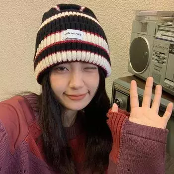 Color Striped Wool Hat Women s Autumn and Winter ins Knitted Hat Versatile Warm Ear Protector Casual Student Cold Hat M56-58cm красный