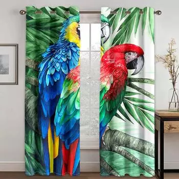 Colored parrot tropical plant banana leaf 2 Pieces Light Filtering Curtain for Living Room Bedroom Window Drape 50W130H(CM) 2PCS&Grommet Top