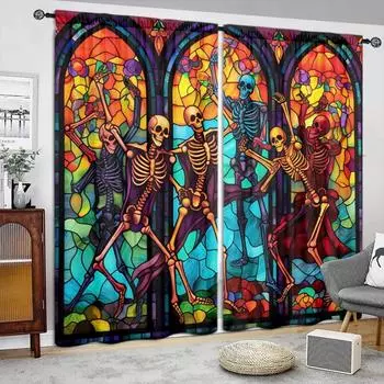 Colored Skeleton Man Head Printed Curtain for Home Decor - Rod Pocket Window Treatment for Bedroom, Kitchen, Living Room 52.5cmX116cm X 2pcs