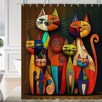 Colorful Abstract Cats Waterproof Mildew-Resistant Shower Curtain - Whimsical Design for a Fun and Artistic Bathroom Dcor W90XH180cm