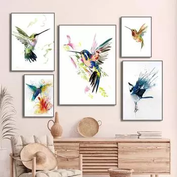 Красочные абстрактные колибри сбор меда плакат настенное искусство холст картина акварелью картина гостиная домашний декор 21x30cm No Framed