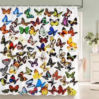 Colorful Butterfly Feathers 3d Shower Curtains Bathroom Curtain With Hooks Waterproof 180x240 Polyester Cloth Decoration Screen W90xH180cm