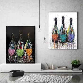 Colorful Champagne Bottle Canvas Painting Modern Graffiti Pop Art Posters and Print Wall Cuadros for Living Room Home Decor 21x30cm No Framed