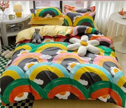 Colorful Duvet Cover Set + Flat Sheet +2pc Pillowcases New Twin Full Queen King Size Boys Girls Bed Linen Soft Bedding Kit B92H AU-Sigle150x200 4pcs