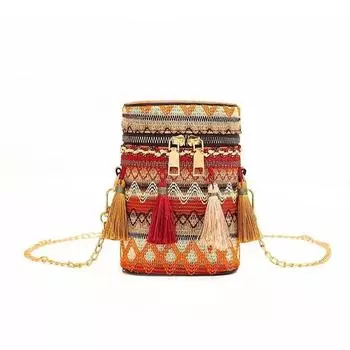 Colorful Ethnic Style Woven Texture Women Chain Cylindrical Bag Tassel With